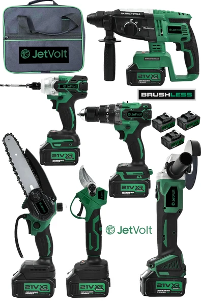 JetVolt Profesyonel 21V 2.0Ah Bez Çantalı Kömürsüz Darbeli 6'lı Set - Yeşil ürün görseli 1