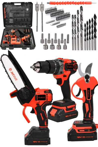 JetVolt 3 lü Set Kömürsüz Motor Çift Akülü Şarjlı Matkap Şarjlı Budama Makası Şarjlı Budama Testeresi - Kırmızı ürün görseli 1