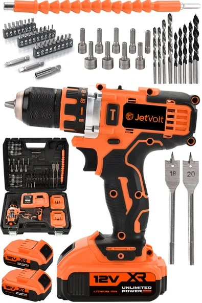 JetVolt 12V 2.0Ah Şarjlı Matkap Metal Şanzıman Bakır Sargılı Çift Akülü 84 Parça Set - Turuncu - 1