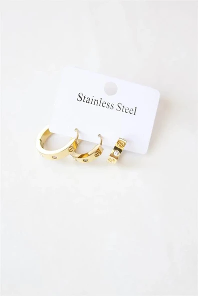 LitaeTrend 3'lü Taşlı Çelik Halka Küpe - Altın - Resim 2