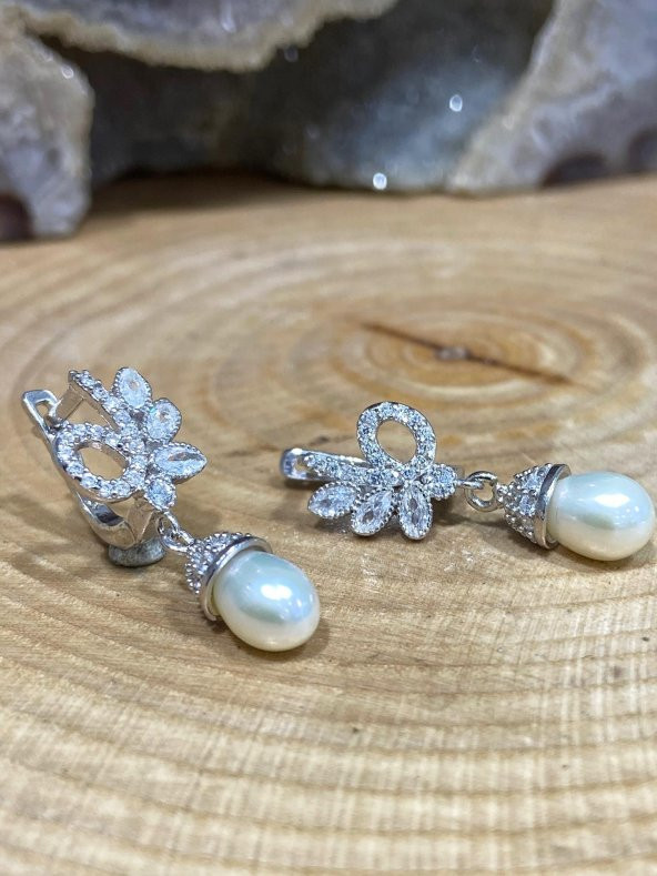 Yeni Model Markiz Zirkon İnci 925 Gümüş Küpe - 2