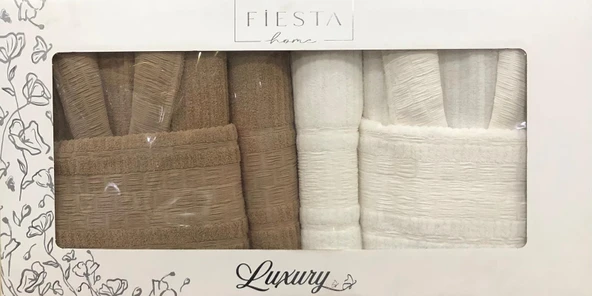 Fiesta %100 Pamuklu Bürümcük Jakarlı 6 Parça Aile Bornoz Seti - 1