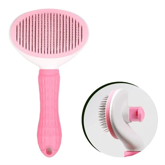 Kedi Köpek Tüy Toplayıcı Kendini Temizleyebilen Ergonomik Saplı Evcil Hayvan Tarağı Pembe (5250)