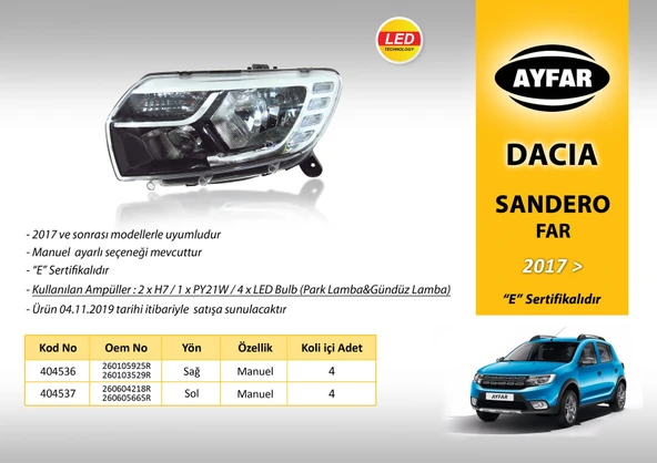 FAR SOL 404537 LOGAN MCV SANDERO (17->) (LEDLİ) MOTORSUZ 260605665R ürün görseli