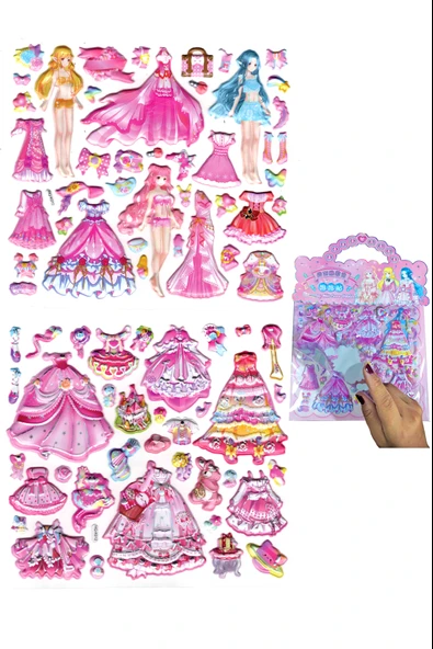 Sticker Kabartmalı Çantalı iki Sayfalı Sticker Seti (HQK012) - 21x17 cm- Fuşya Kız Giydirme