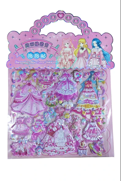 Sticker Kabartmalı Çantalı iki Sayfalı Sticker Seti (HQK012) - 21x17 cm- Fuşya Kız Giydirme - 2