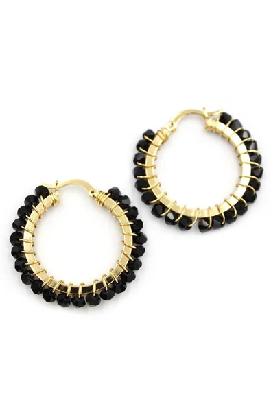 LitaeTrend Kristal Boncuk Halka Küpe - Siyah - Resim 2