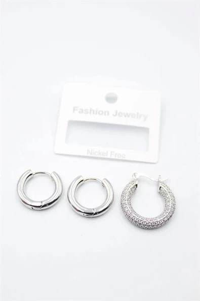 LitaeTrend 3'lü Halka Küpe - Gümüş - Resim 2