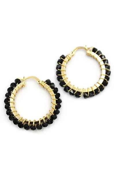 LitaeTrend Kristal Boncuk Halka Küpe - Siyah ürün görseli 1