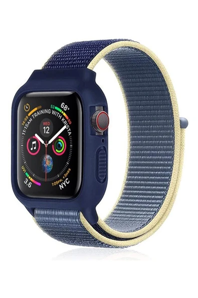 Apple Watch 42mm Hasırlı Cırtcırtlı Kasalı Kordon - Sarı-Lacivert ürün görseli