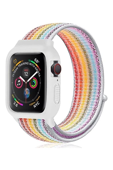 Apple Watch 42mm Hasırlı Cırtcırtlı Kasalı Kordon - Gökkuşağı 2 ürün görseli