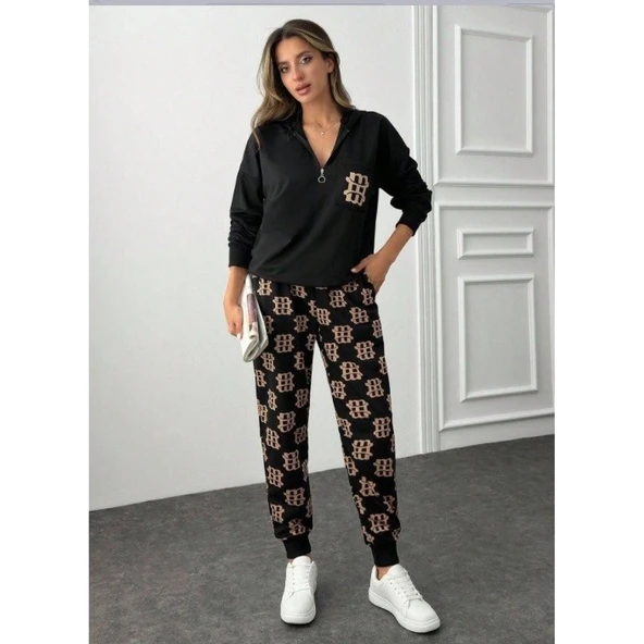 Lucky Life Kadın Uzun Kollu Iki Iplik Kumaş Fermuar Ve Cep Detay Kapüşonlu Ikili Takım - 13