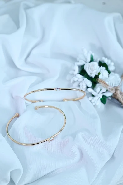 Gold Renk Kelepçe Model Zirkon Taşlı Çelik Bileklik Kaliteli - Resim 2