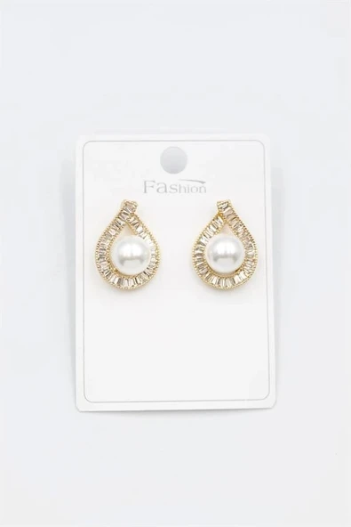 LitaeTrend İncili Baget Taşlı Küpe - Altın ürün görseli 1