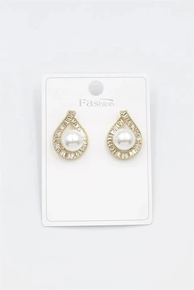 LitaeTrend İncili Baget Taşlı Küpe - Altın - Resim 2