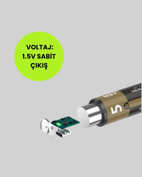 USB Type-C Girişli Şarjlı AA Lityum Pil | 1.5V Sabit Çıkış | 3200mWh (2'li Paket) - 3