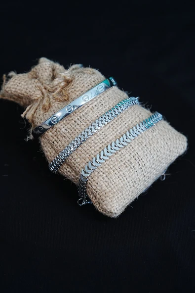 Kombin Bileklik Gümüş Kılçık Tırtıl ve Düz Cırt Model 3 Adet Birden ürün görseli