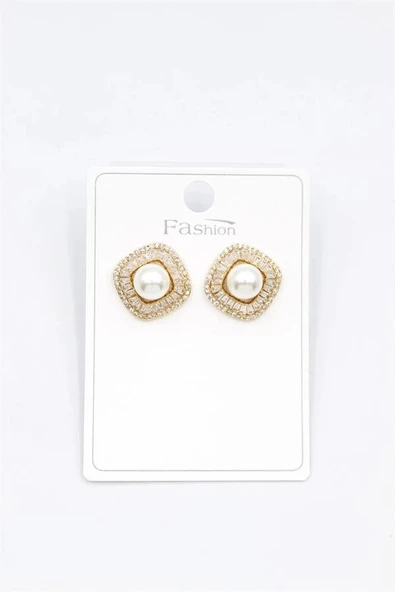 LitaeTrend İncili Baget Taşlı Küpe - Altın ürün görseli 1