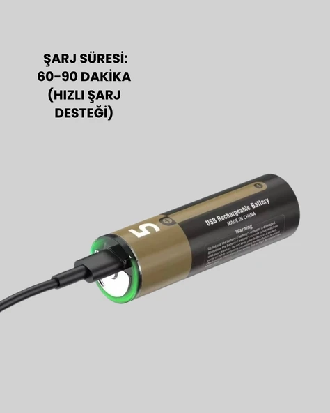 USB Type-C Girişli Şarjlı AA Lityum Pil | 1.5V Sabit Çıkış | 3200mWh (2'li Paket) - 5