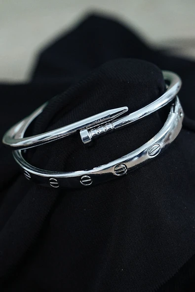 Gümüş Renk Çivi Kombin Bileklik Seti 2 Adet - Resim 2