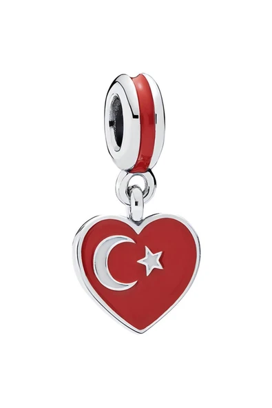 925 Ayar Gümüş Kalpli Türkiye Bayrağı Figürlü Sallantılı Charm - 1