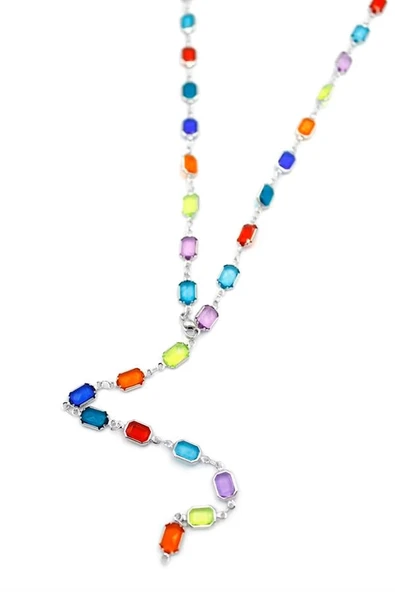 LitaeTrend Renkli Taşlı Y Kolye - Gümüş - Resim 2