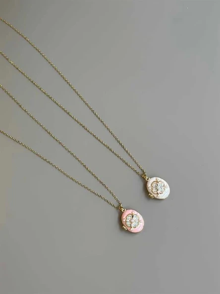 LitaeTrend İncili Etnik Desen Kapaklı Kolye - Pembe ürün görseli 1