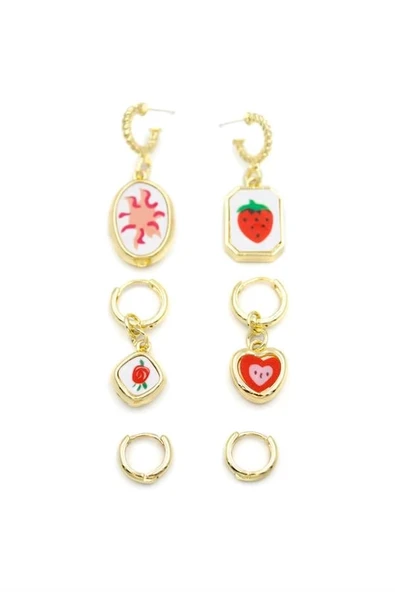 LitaeTrend 3'lü Çilek Set Küpe - Altın - Resim 2