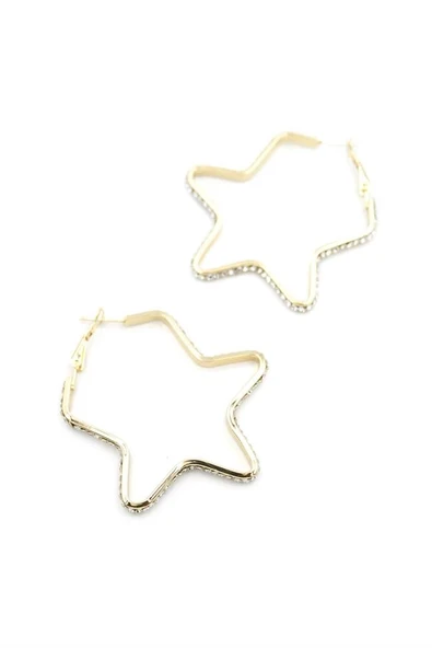 LitaeTrend Taşlı Yıldız Halka Küpe - Altın - Resim 2