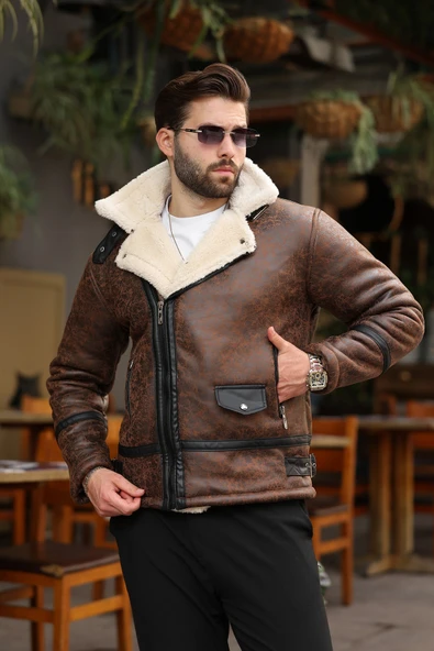 Erkek Suni Kürk Detaylı Krem Süet Mont - 5