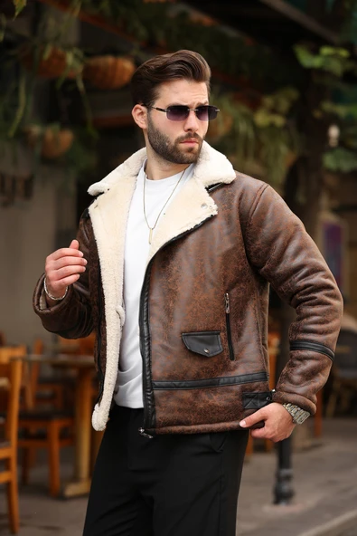 Erkek Suni Kürk Detaylı Krem Süet Mont - 2