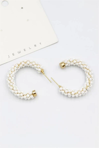 LitaeTrend Kristal Boncuk Halka Küpe - Beyaz - Resim 2