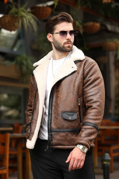 Erkek Suni Kürk Detaylı Krem Süet Mont - 1