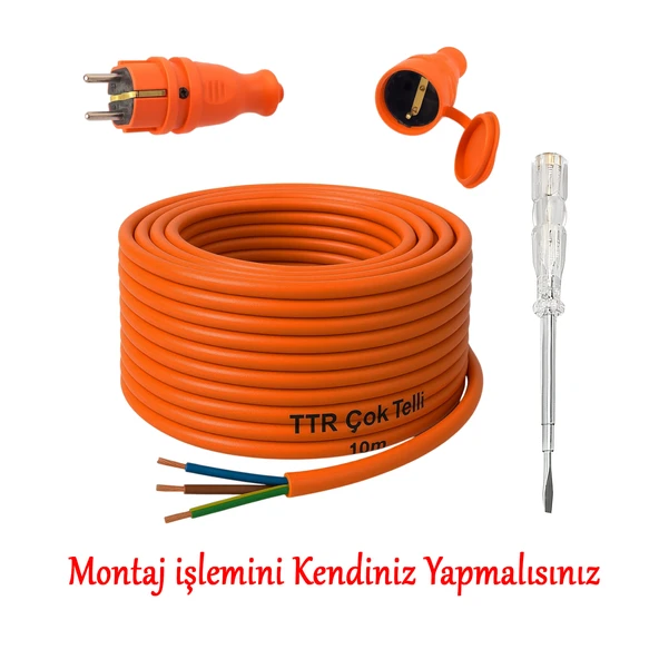 Seyyar 10 Metre Uzatma Kablosu TTR CCA Çok Telli 3x1.5 mm Elektrik Kablo Kontrol Kalem Dişi Erkek Fiş - Resim 3