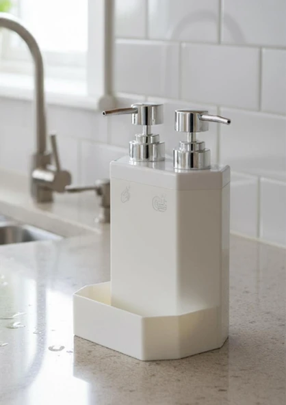 Lecce Çift Hazneli Mutfak Sıvı Sabunluk Seti - Plastik Sıvı Sabunluk Takımı - 850 ML - 2