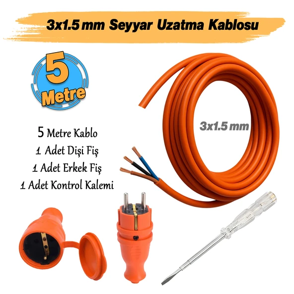 Seyyar 5 Metre Uzatma Kablosu TTR CCA Çok Telli 3x1.5 mm Elektrik Kablo Kontrol Kalem Dişi Erkek Fiş - Resim 2