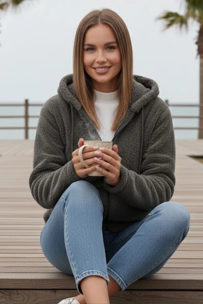 Kadın Füme Kurşuni Peluş Yumoş Fermuarlı Kapüşonlu Cepli Welsoft Ceket 22KCKTERES - 6