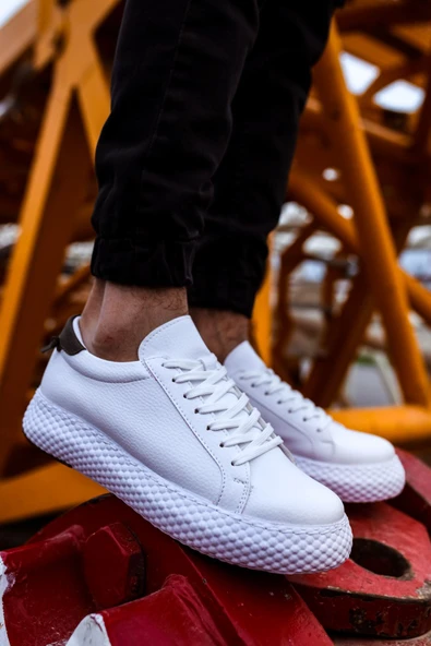 Pabucmarketi Bağcıklı Erkek Günlük Ayakkabı Beyaz Haki - Resim 3