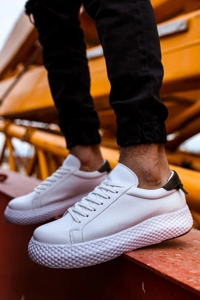 Pabucmarketi Bağcıklı Erkek Günlük Ayakkabı Beyaz Haki - Resim 6