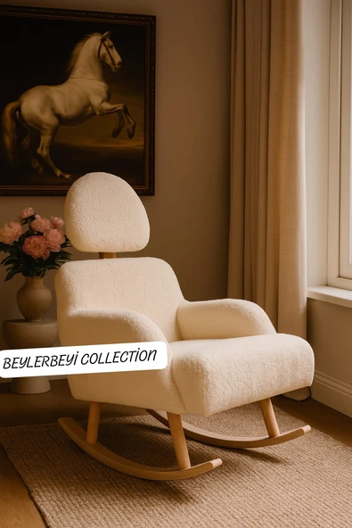 Sallanan sandalye, ayarlanabilir başlıklı sallanan, krem renkli peluş kumaş, tekli koltuk, berjer