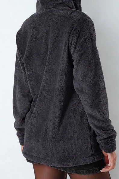 Kadın Füme Kurşuni Peluş Yumoş Fermuarlı Kapüşonlu Cepli Welsoft Ceket 22KCKTERES - 7