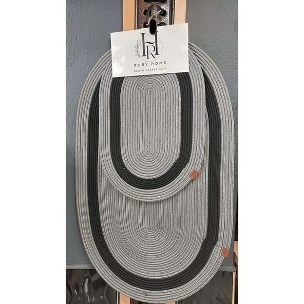 Jüt Hasır 2li Banyo Seti Paspas Takımı-Gri Ortası Siyah