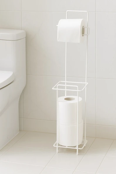 Beyaz Ayaklı Kare Tuvalet Kağıtlığı, Yedek Rulo Hazneli, Paslanmaya Dayanıklı WC Kağıtlık, 13cm x 65cm- RAF : 404  - ( A - B ) - 4