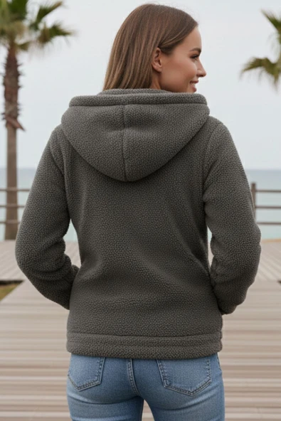 Kadın Füme Kurşuni Peluş Yumoş Fermuarlı Kapüşonlu Cepli Welsoft Ceket 22KCKTERES - 5