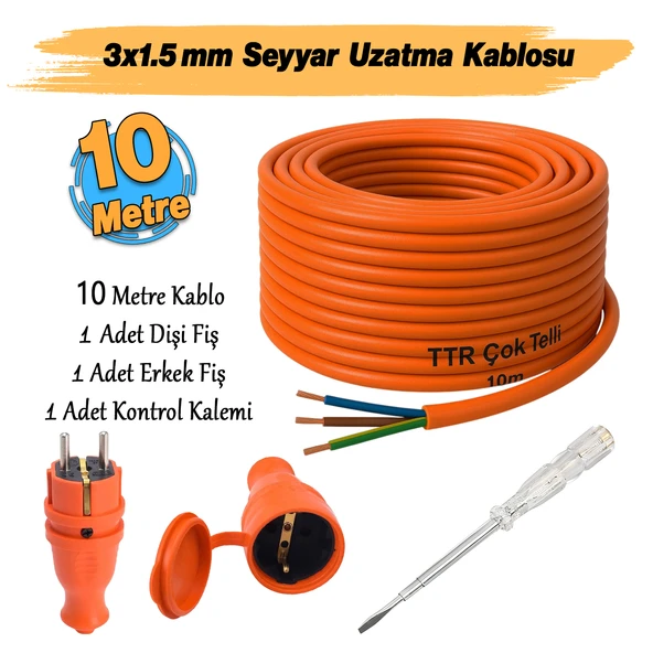 Seyyar 10 Metre Uzatma Kablosu TTR CCA Çok Telli 3x1.5 mm Elektrik Kablo Kontrol Kalem Dişi Erkek Fiş - Resim 2