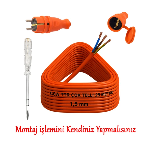 Seyyar 25 Metre Uzatma Kablosu TTR CCA Telli 3x1.5 mm Elektrik Kablo Kontrol Kalem Dişi Erkek Fiş - Resim 3