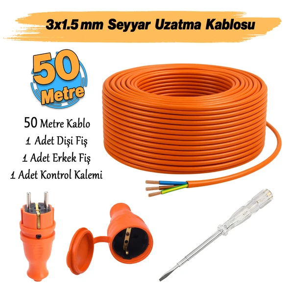 Seyyar 50 Metre Uzatma Kablosu TTR CCA Telli 3x1.5 mm Elektrik Kablo Kontrol Kalem Dişi Erkek Fiş - Resim 2