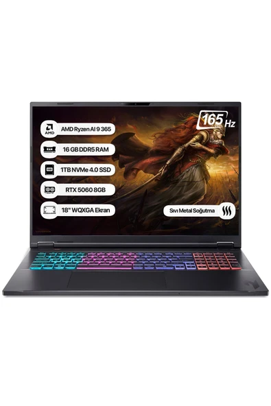 Acer Nitro 18 NH.QYHEY.001 Ryzen AI 9 365 16GB 1TB SSD RTX5060-8GB 165Hz 18 WQXGA Dos Taşınabilir Bilgisayar