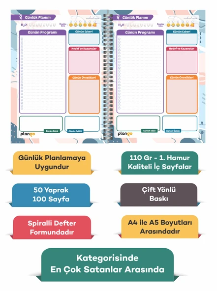 Renkli Çiçekler Spiralli Günlük Planlama Defteri - 100 Sayfa - 17x24 Planlayıcı Defter - Resim 3