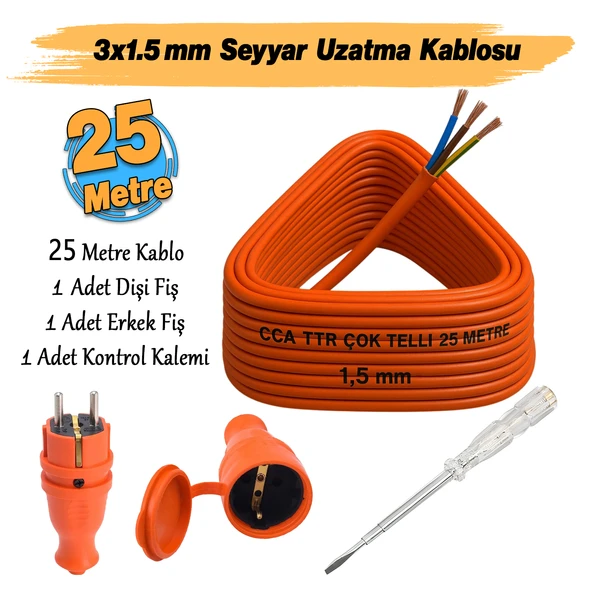 Seyyar 25 Metre Uzatma Kablosu TTR CCA Telli 3x1.5 mm Elektrik Kablo Kontrol Kalem Dişi Erkek Fiş - Resim 2